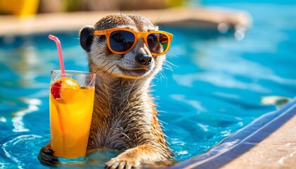 Meerkat in sunglasses with a refreshing drink at the pool