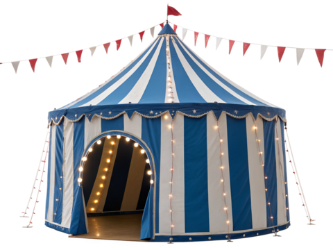 Colorful striped circus tent with flags and festive lights