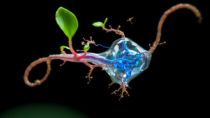 Organic AI growth form with translucent cobalt membranes and internal data vasculature, biological-tech fusion aesthetic