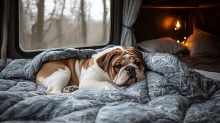 Relaxed bulldog resting on a gray blanket inside a camper van, near a window showing a winter woodland scene.
