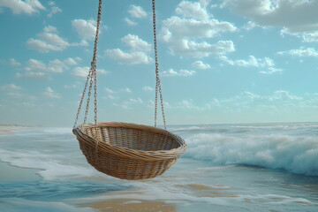 Obraz premium Basket swing gently sways over the ocean waves under a bright sky during midday