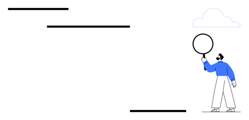 Person holding magnifying glass climbing abstract steps under a cloud. Ideal for growth, exploration, vision, progress, analysis, focus, and achievement. Perfect for a simple landing page