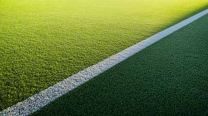 Aerial view of green soccer field with white line for sports background and texture design element use