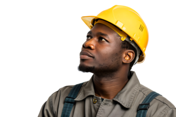 Construction worker in hard hat thinking about project details