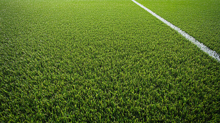 Close up of green artificial grass turf with white line for sports field background texture
