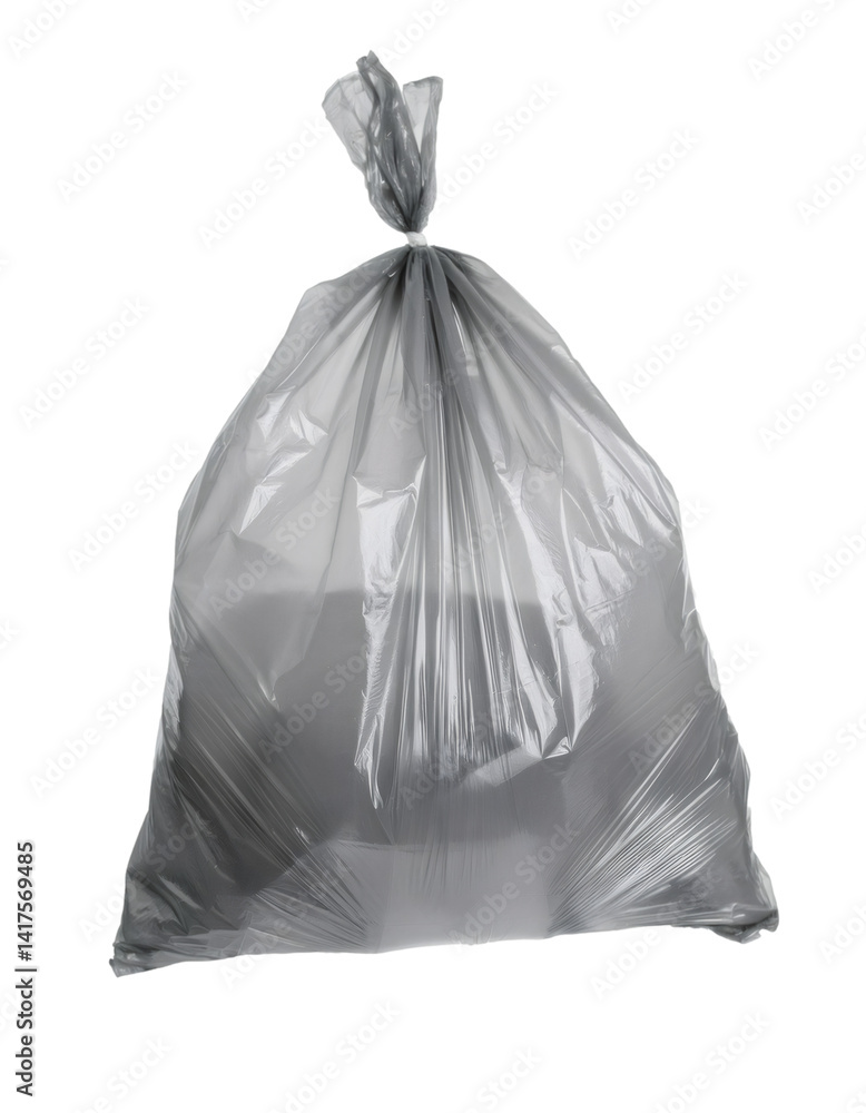 Poster full gray garbage bag tied at the top, isolated on transparent background with clipping path