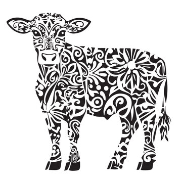 cow in patterns, vector, black and white graphics
