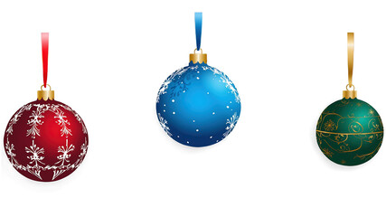 Elegantes esferas navide&ntilde;as en rojo, azul y verde con patrones decorativos en dorado y plateado, ideales para ilustraciones festivas y fondos gr&aacute;ficos