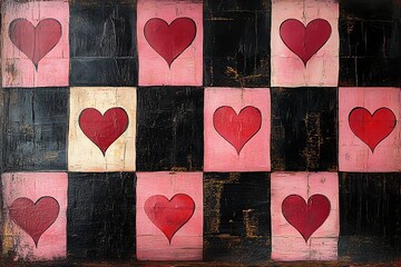 Painted Heart Checkerboard Background With Pink White And Black Grunge Textured Design