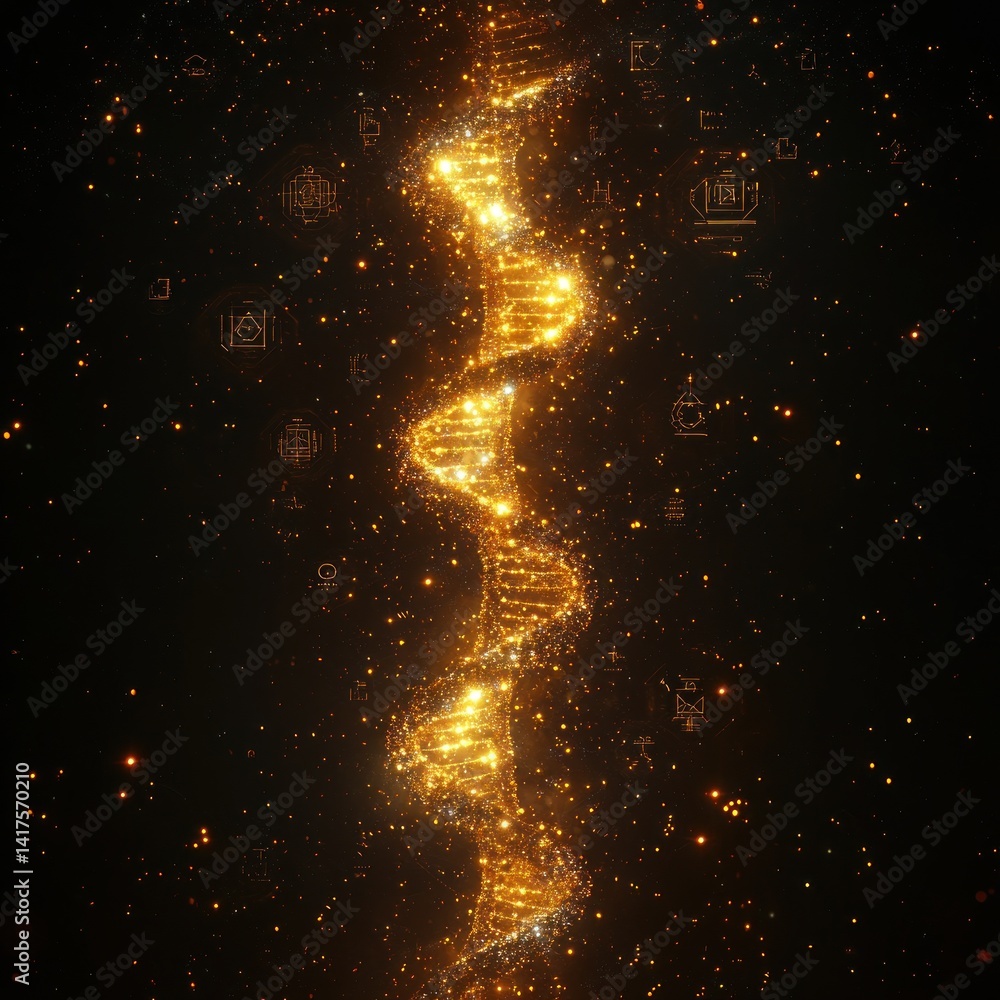 Poster golden dna helix structure with abstract circuit board design on black background