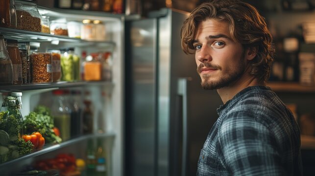A young man stands thoughtfully before a brightly lit refrigerator, considering his options for a nutritious dinner