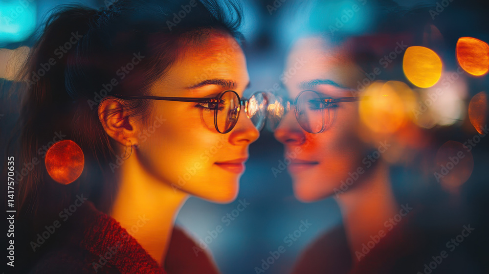Poster holographic ai figure radiates empathy while interacting with a human in a futuristic, tech-driven e