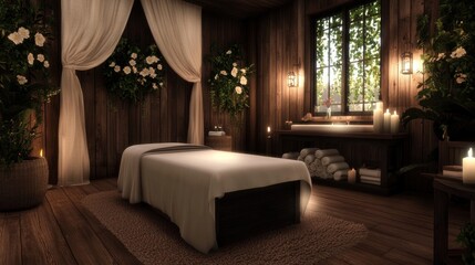 Fototapeta premium Rustic spa treatment room with floral accents
