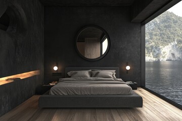 A modern bedroom showcases a serene view of a tranquil waterfront