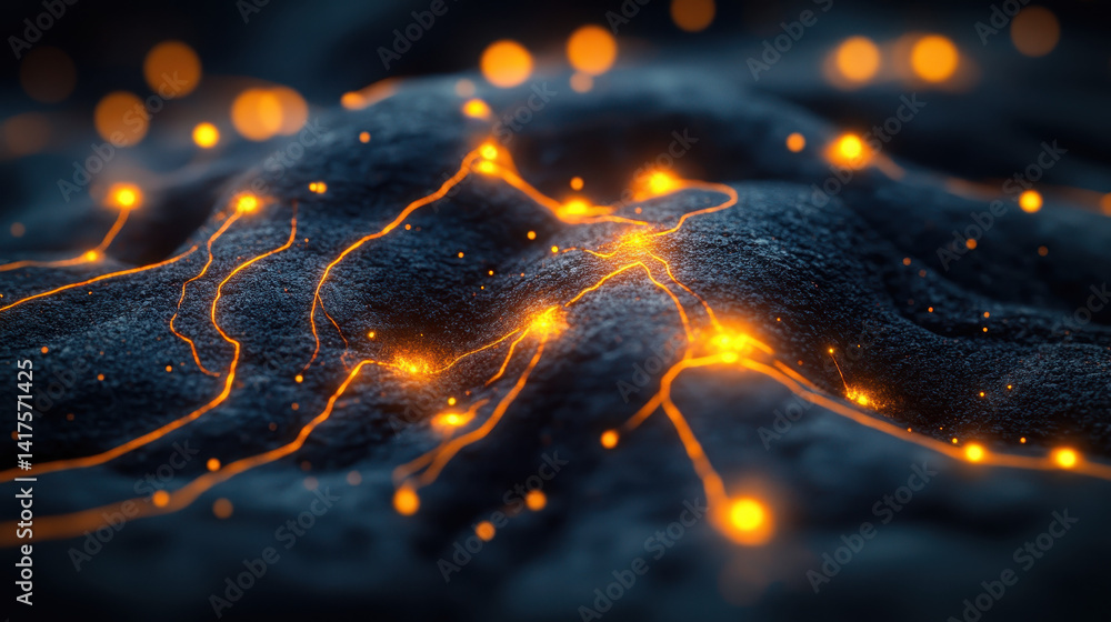 Aufkleber close-up view of a vibrant living circuit ecosystem with glowing root-like structures and flowing el