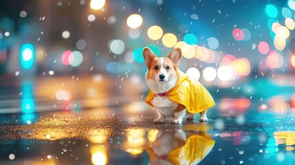 Adorable corgi in yellow raincoat city street pet photography rainy environment close-up view playful concept