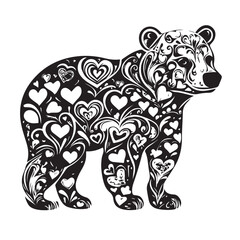 Fototapeta premium big bear in patterns of hearts and leaves, vector, black and white graphics 