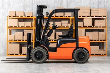 Industrial Forklift in Warehouse with Cardboard Boxes Stacked Neatly