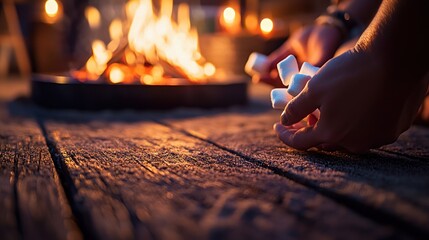 Marshmallows roasting by campfire at night