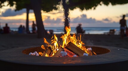 Beach bonfire at sunset, people relaxing in background