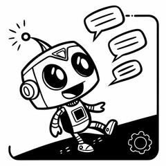 Cartoon Robot With Speech Bubbles Line Art Vector Illustration