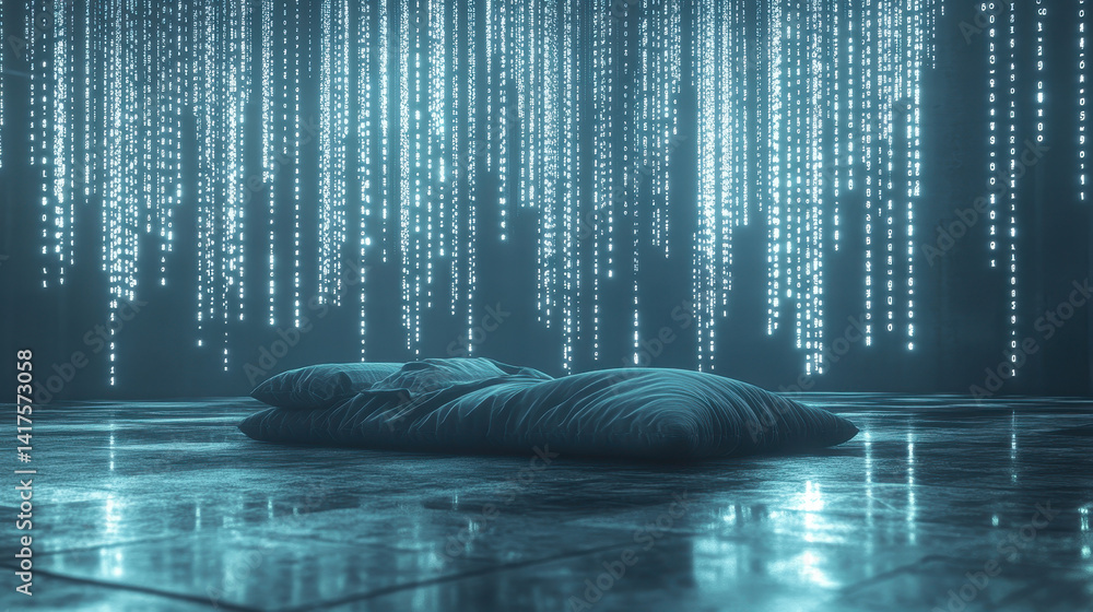 Aufkleber close-up of meditation bed surrounded by digital light code under a serene sky, creating a tranquil 