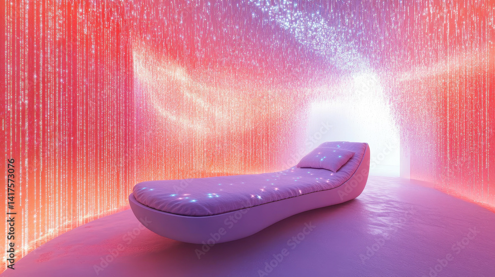 Poster experience deep relaxation on a meditation bed surrounded by ethereal digital light streams creating