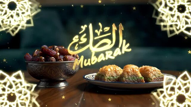 Delicious animated assortment of traditional Eid al Adha desserts like baklava and dates rotating on a plate. Ideal graphic for Kurban Bayram festivities, Islamic culture, or holiday greeting animatio