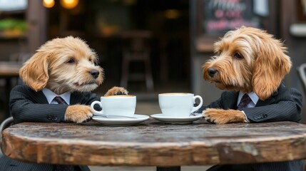 Dogs in suits having coffee outdoors at cafe