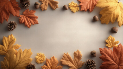 Autumn leaves and acorns framing a neutral background  