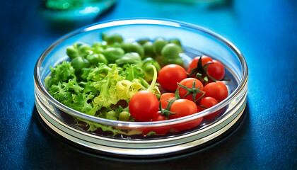 Vibrant fresh salad of cherry tomatoes, lettuce, and peas in a clear glass bowl.  Perfect for healthy eating, food science, or agricultural concepts.
