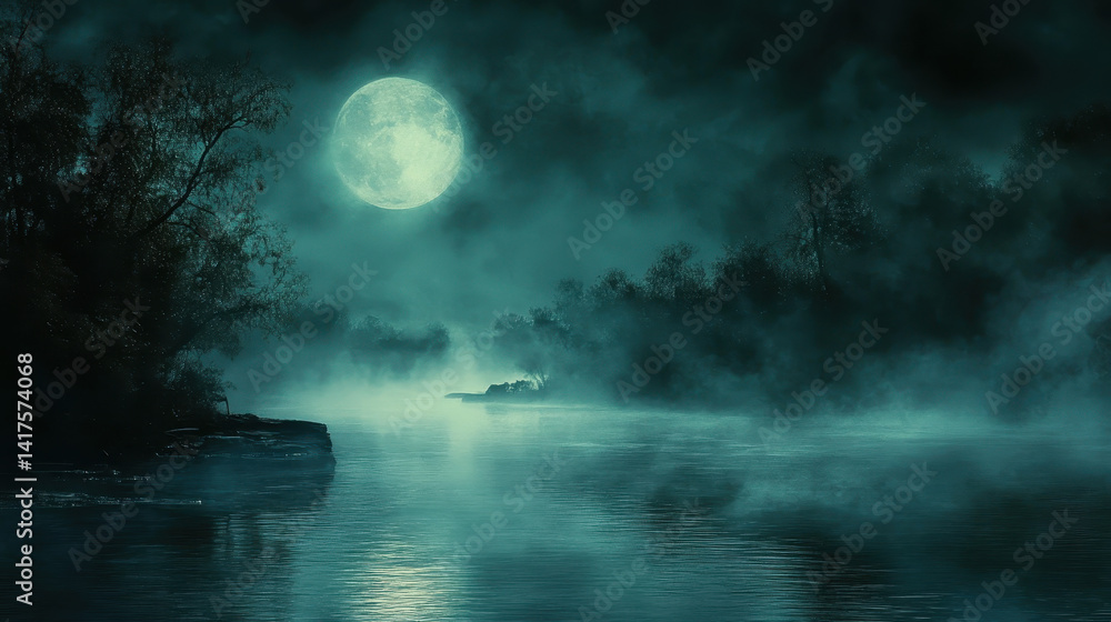 Aufkleber moonlit lake with glowing trees and mist, creating a serene and surreal environment in a tranquil ni