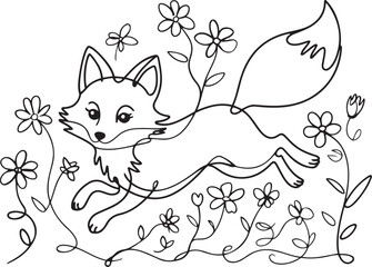One-line art of a playful fox featuring a long bushy tail and alert ears drawn with continuous strokes capturing dynamic movement and personality in simple form