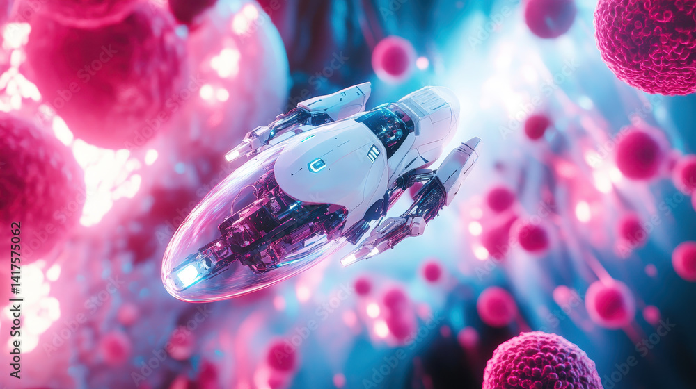 Poster close-up view of a nano-robot navigating through human cells showcasing detailed futuristic technolo