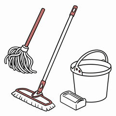 Cleaning Supplies Illustration Featuring Mops Bucket And Soap On White Background