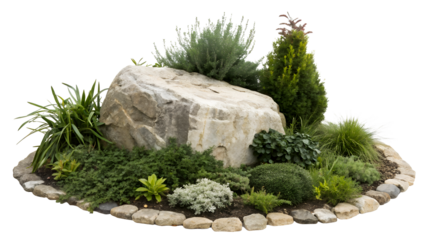 Beautiful garden rock with lush greenery and natural stones