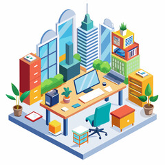 Isometric Office Workspace With City View And Modern Furniture Design Illustration