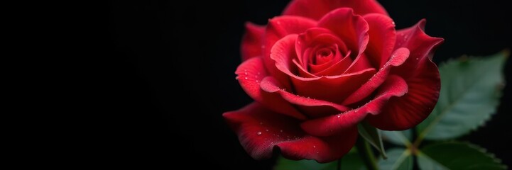 Close-up red rose, glistening dew, black isolation, nature, black