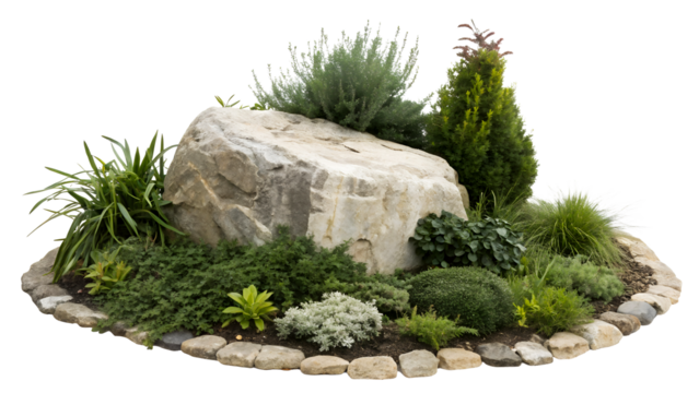 Beautiful garden rock with lush greenery and natural stones
