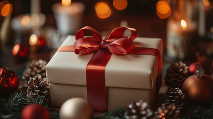 Celebratory gift wrapped with red ribbon surrounded by festive decorations during the holiday season  gift, holiday, decoration, celebration, ribbon, cozy, festive, candles, pinecones,