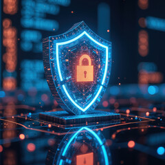 Digital shield cybersecurity padlock technology data protection network security glowing futuristic encryption safety information secure digital