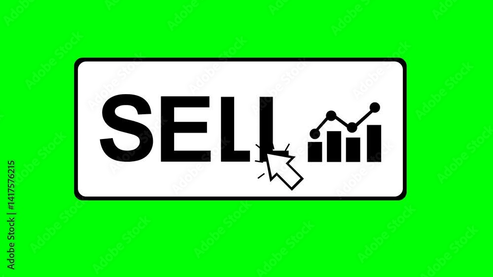 Poster video animation drawing black and white icon clicking computer cursor mouse on sell shares stock but