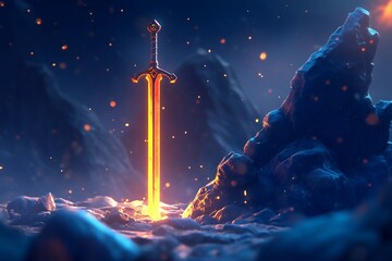 Naklejka premium Glowing Sword in Rocks design