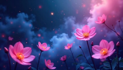 Ethereal mist swirls amidst bioluminescent blooms, abyss, glow