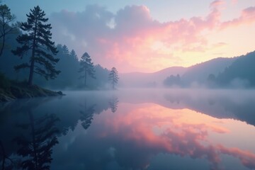 Fototapeta premium Ethereal mist rises over a serene lake at dawn, , calm lake scene