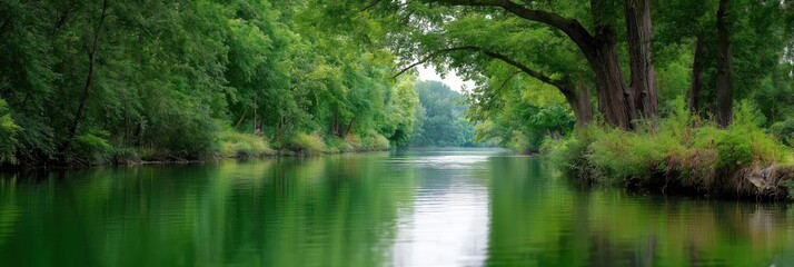 Fototapeta premium A tranquil river flows between vibrant greenery, creating a peaceful atmosphere. The reflection of trees on the water enhances the serene beauty of the natural landscape.