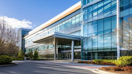 Obraz premium A modern hospital building with a sleek glass facade and a spacious entrance area