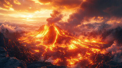Erupting Volcano at Sunset: A Dramatic Volcanic Landscape. ai generated