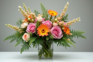 Obraz premium Exotic flower mix with ferns and eucalyptus in a glass vase, eucalyptus, exotic