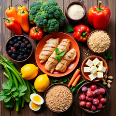 Vibrant Assortment of Fresh and Healthy Foods: Grilled Chicken, Colorful Vegetables, Berries, Grains, and Eggs on a Rustic Wooden Table for Balanced Nutrition and Wellness